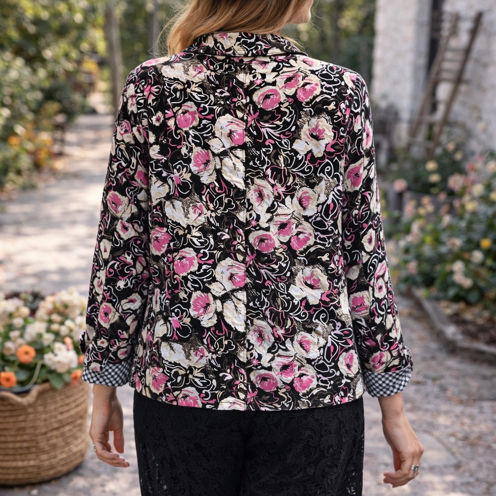 Floral Black & Pink Button-Up Jacket with Gingham Trim - Picture 2 of 3